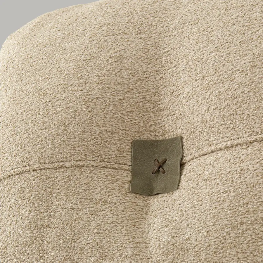 Distinguished Borzalino Lisa lounge chair with beige textured fabric upholstery and lacquered oak wood frame built with olive leather accents