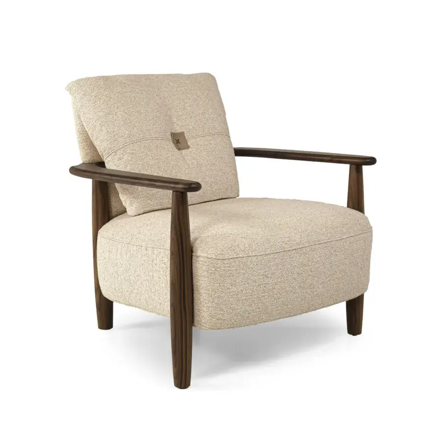 Distinctive Borzalino Lisa lounge chair in beige textile with a lacquered oak structure and waxed leather straps