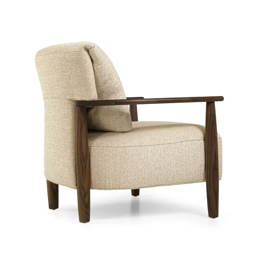 Elegant Borzalino Lisa lounge chair in light beige textured textile with lacquered oak and waxed leather straps