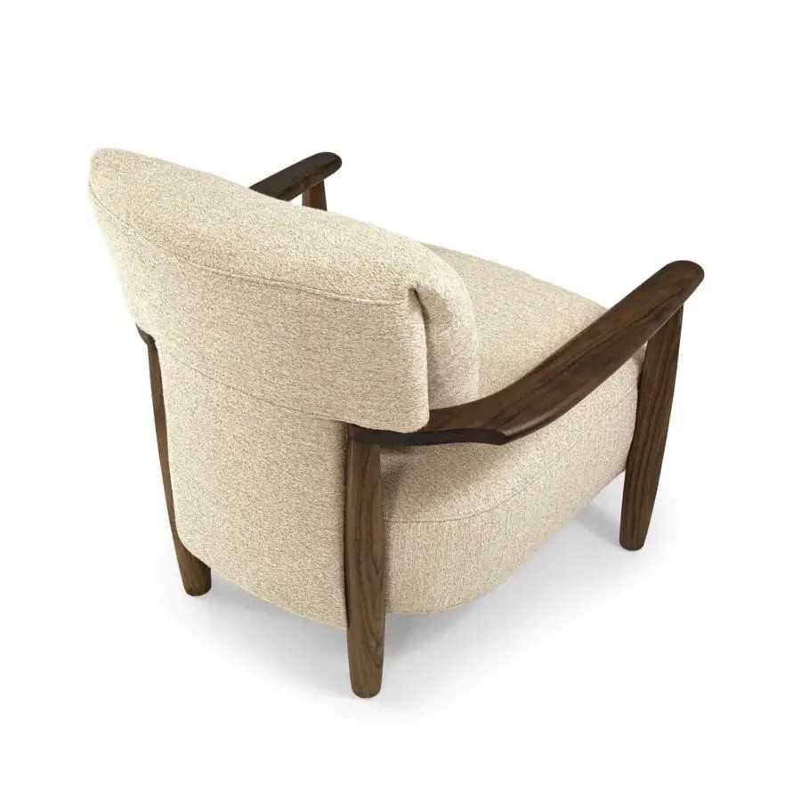 Handcrafted Borzalino Lisa lounge chair in light beige textile with a lacquered oak frame and waxed leather strap detailing