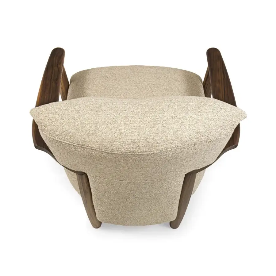 Superior Borzalino Lisa lounge chair in textured beige textile with crossed waxed leather straps and lacquered oak frame