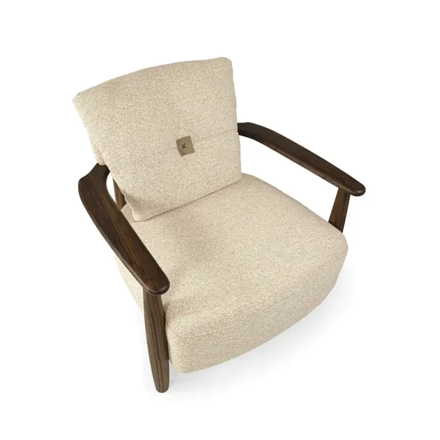Distinguished Borzalino Lisa lounge chair in light beige woven textile with lacquered oak structure and waxed leather straps