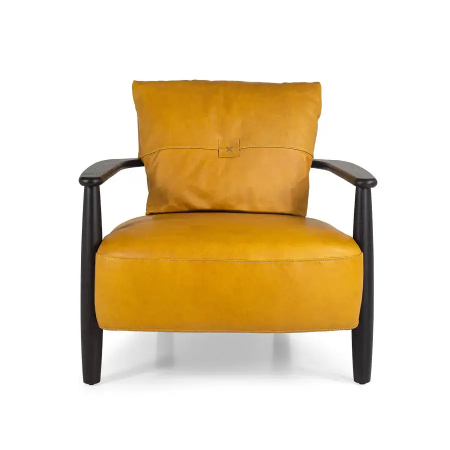 Exceptional Borzalino Lisa lounge chair with walnut Canaletto wood frame and yellow-mustard leather-like upholstery with waxed leather strap detail