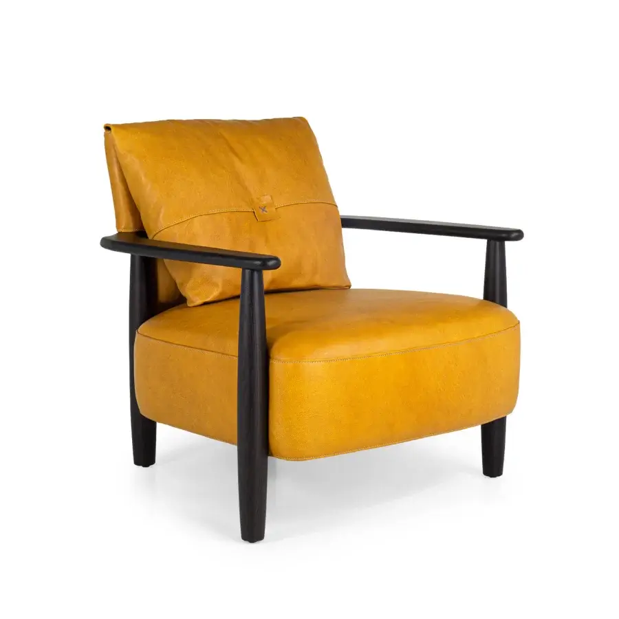 Lavish Borzalino Lisa lounge chair with a solid walnut Canaletto wood frame and supple golden-yellow leather upholstery