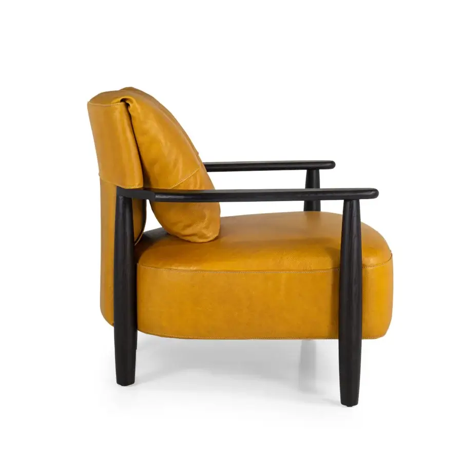 Refined Borzalino Lisa lounge chair with walnut Canaletto wood and striking yellow leather-like upholstery crafted with crossed waxed leather straps