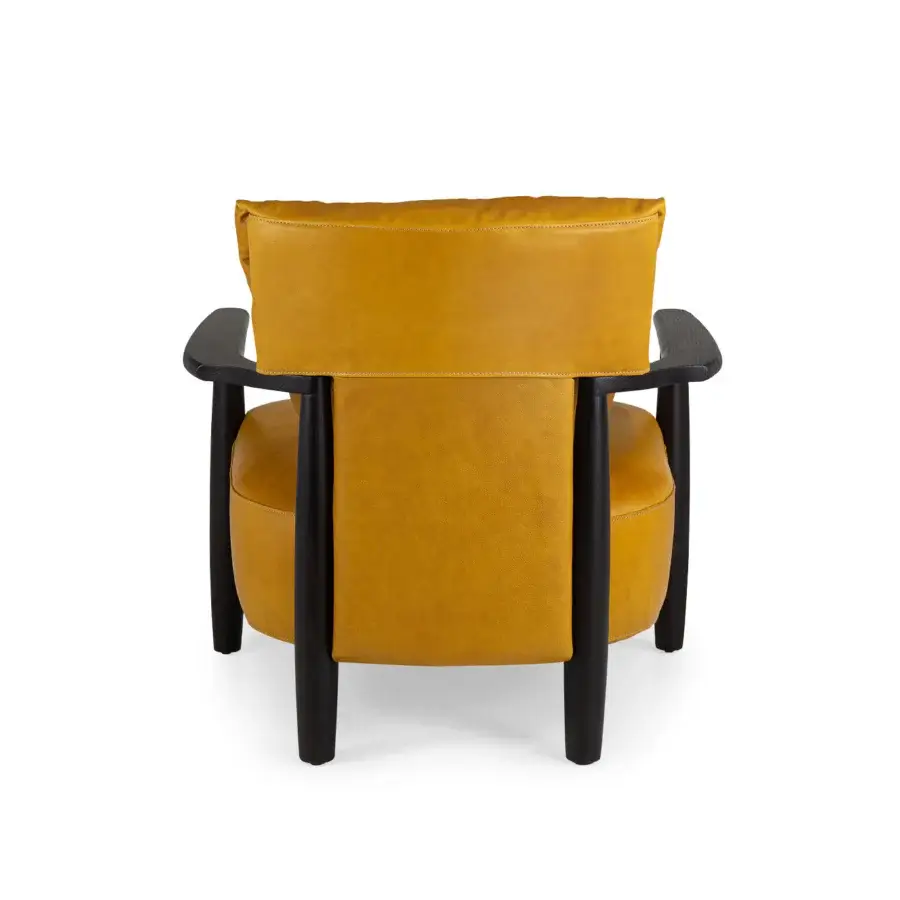 Exceptional Borzalino Lisa lounge chair with vibrant yellow leather-like upholstery and dark lacquered oak construction