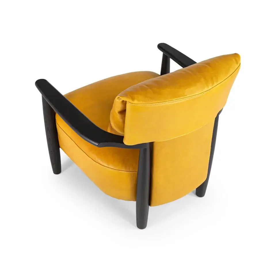 Distinguished Borzalino Lisa lounge chair with vibrant yellow leather upholstery and lacquered oak structure