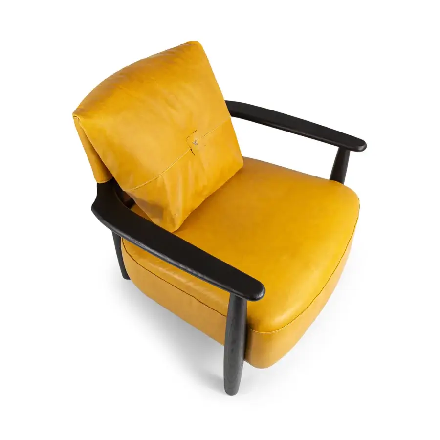 Lavish Borzalino Lisa lounge chair with sumptuous yellow leather and solid Canaletto walnut wood crafted with waxed leather details