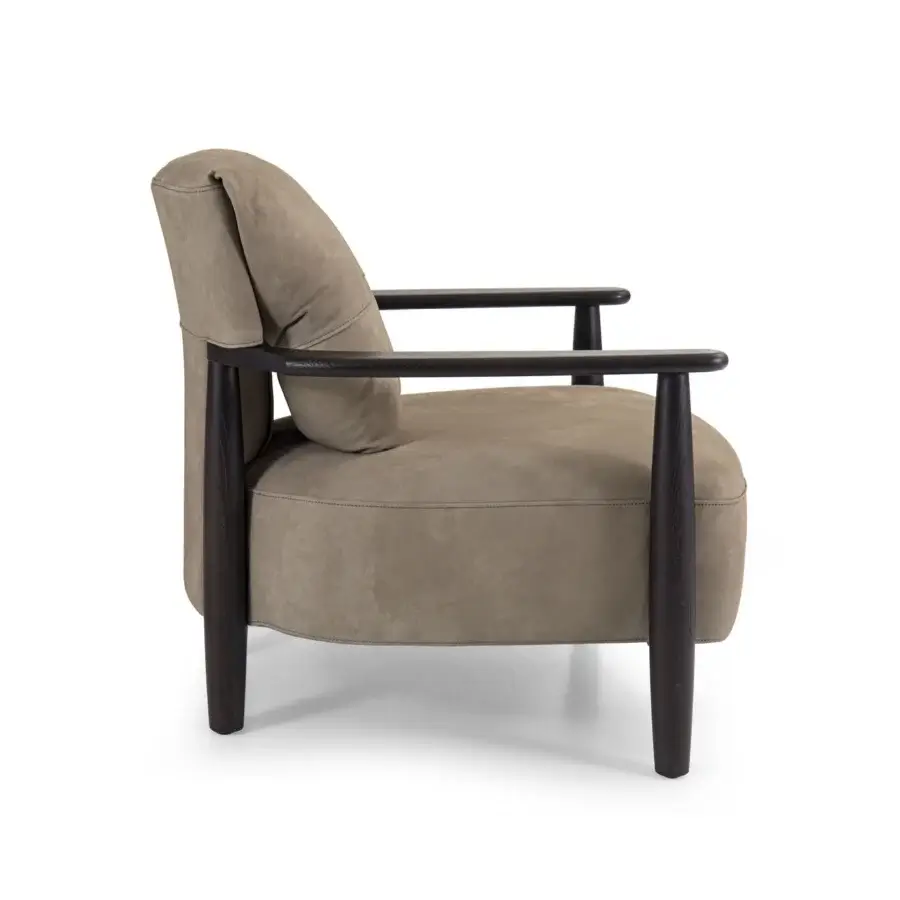 Distinguished Borzalino Lisa lounge chair with taupe textile upholstery and a solid walnut Canaletto wood structure crafted with waxed leather straps