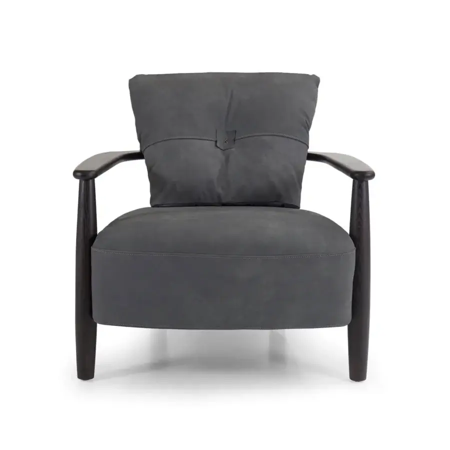 Exceptional Borzalino Lisa lounge chair with grey textile upholstery and a lacquered oak frame built with waxed leather detailing