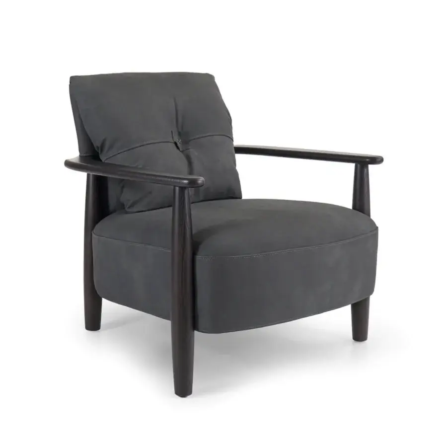 Superior Borzalino Lisa lounge chair with dark gray textile upholstery, lacquered oak frame and waxed leather strap detail