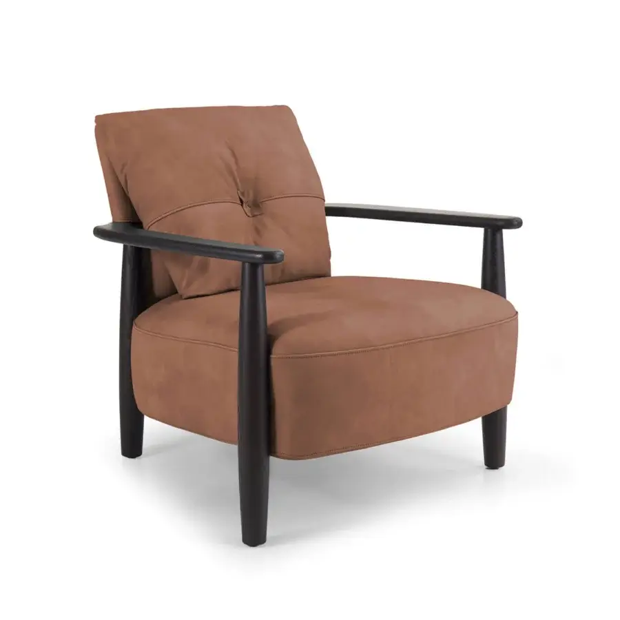 Elegant Borzalino Lisa lounge chair with warm brown textile upholstery and a lacquered oak frame crafted with waxed leather straps