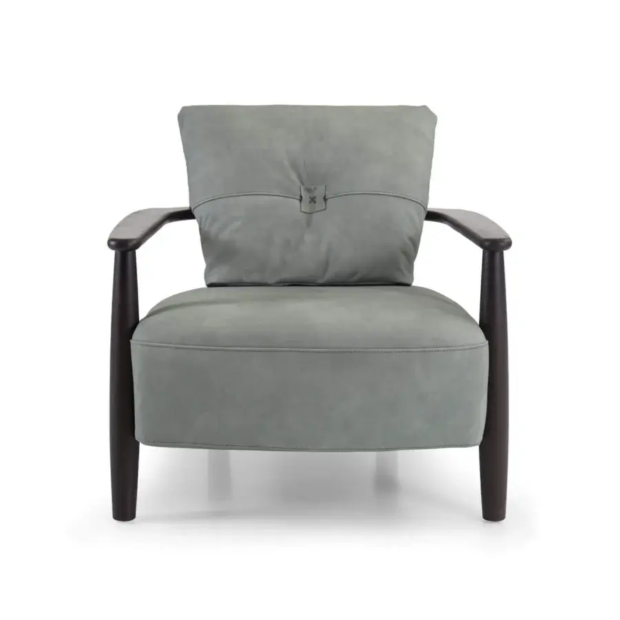 Distinguished Borzalino Lisa lounge chair in light gray textile with waxed leather strap detail and dark lacquered oak legs