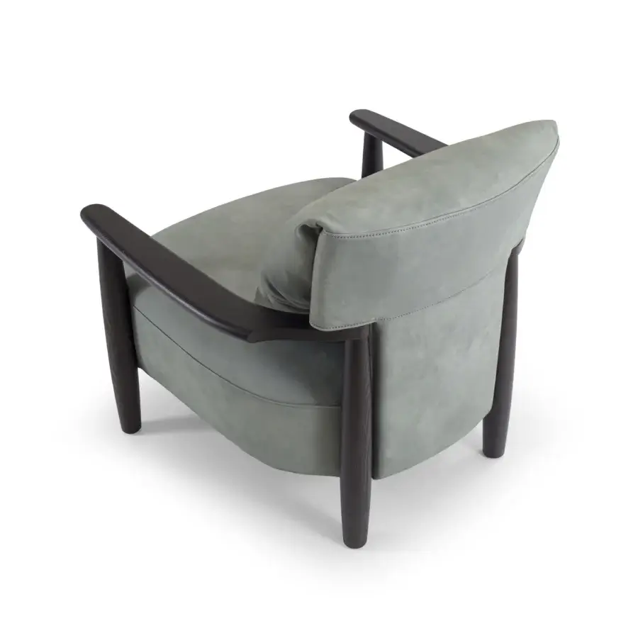 Exceptional Borzalino Lisa lounge chair in light gray textile with dark lacquered oak armrests and a waxed leather strap detail