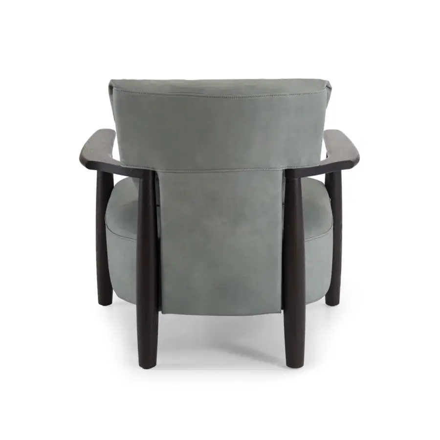 Distinguished Borzalino Lisa lounge chair in muted green-gray fabric with a lacquered oak structure and crossed waxed leather straps
