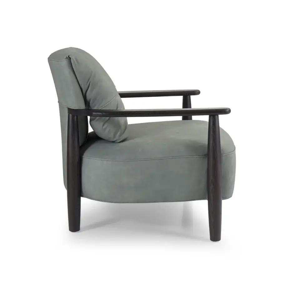 Elegant Borzalino Lisa lounge chair with gray textile upholstery and lacquered oak built with crossed waxed leather straps