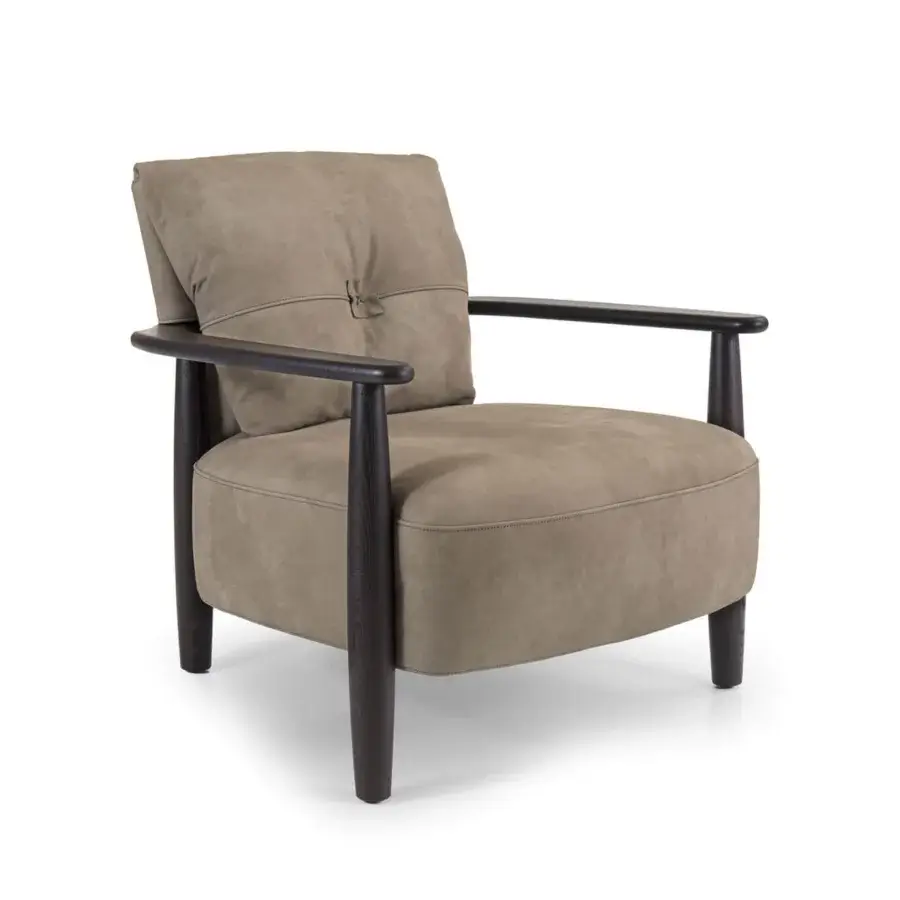 Distinguished Borzalino Lisa lounge chair with taupe fabric upholstery and waxed leather strap detailing in lacquered oak wood