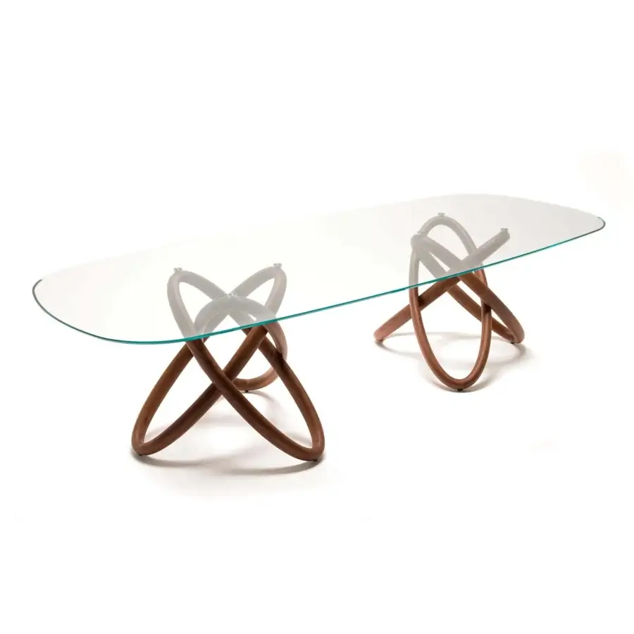 Captivating Cattelan Italia Carioca table with clear glass top and interwoven solid Canaletto walnut base