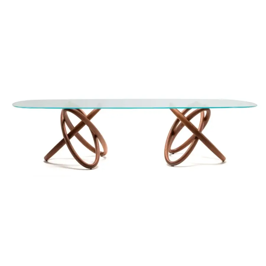 Distinguished Cattelan Italia Carioca table with clear bevelled glass top and sculpted solid Canaletto walnut base with smooth finish