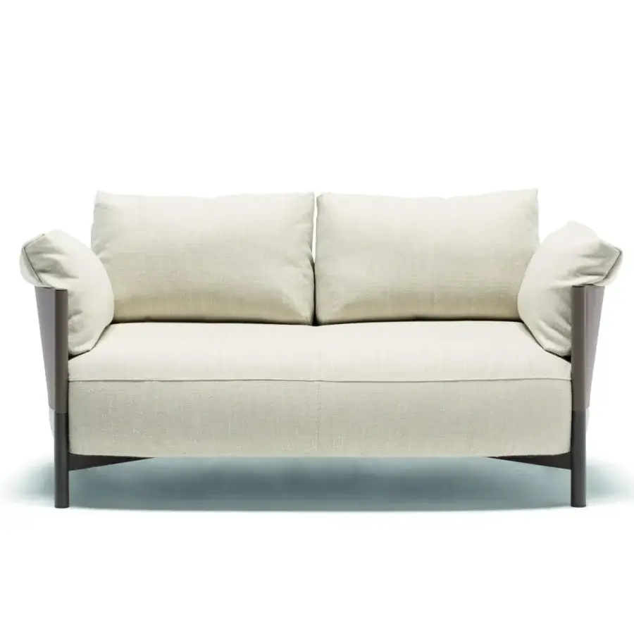Distinguished Frag Syren sofa balances softness with a tubular metal frame and light beige woven textile upholstery with matte dark brown wood accents