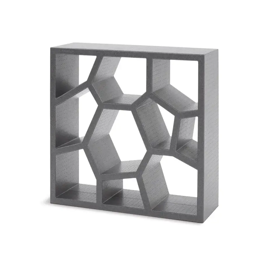 Distinguished Casamania Opus Incertum bookcase with interconnected geometric shapes in expanded polypropylene and matte medium gray finish