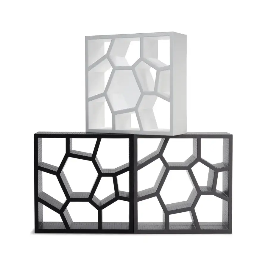 Distinguished Casamania Opus Incertum bookcase crafted in expanded polypropylene with black and white stacked cubes plus hexagonal openings