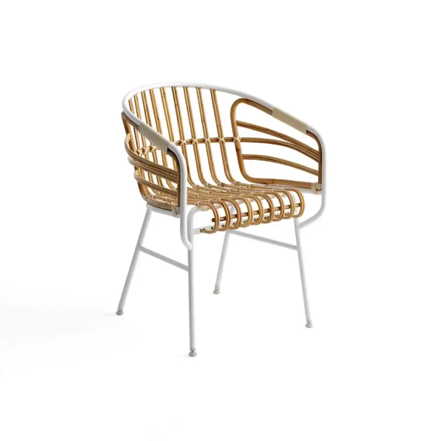 Sophisticated Casamania Raphia armchair crafted in woven light tan rattan with a glossy white metal frame