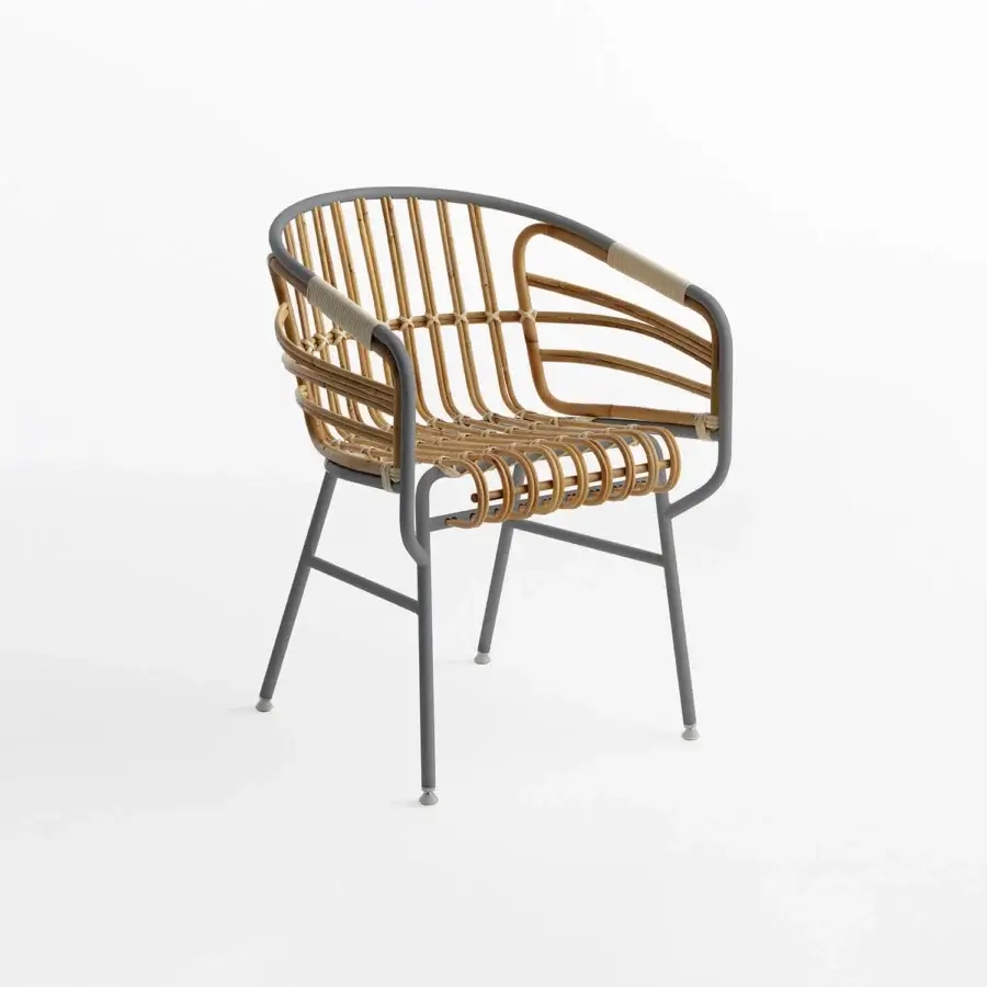 Exclusive Casamania Raphia armchair built in woven rattan with a matte gray metal frame and rope-like textile wrappings