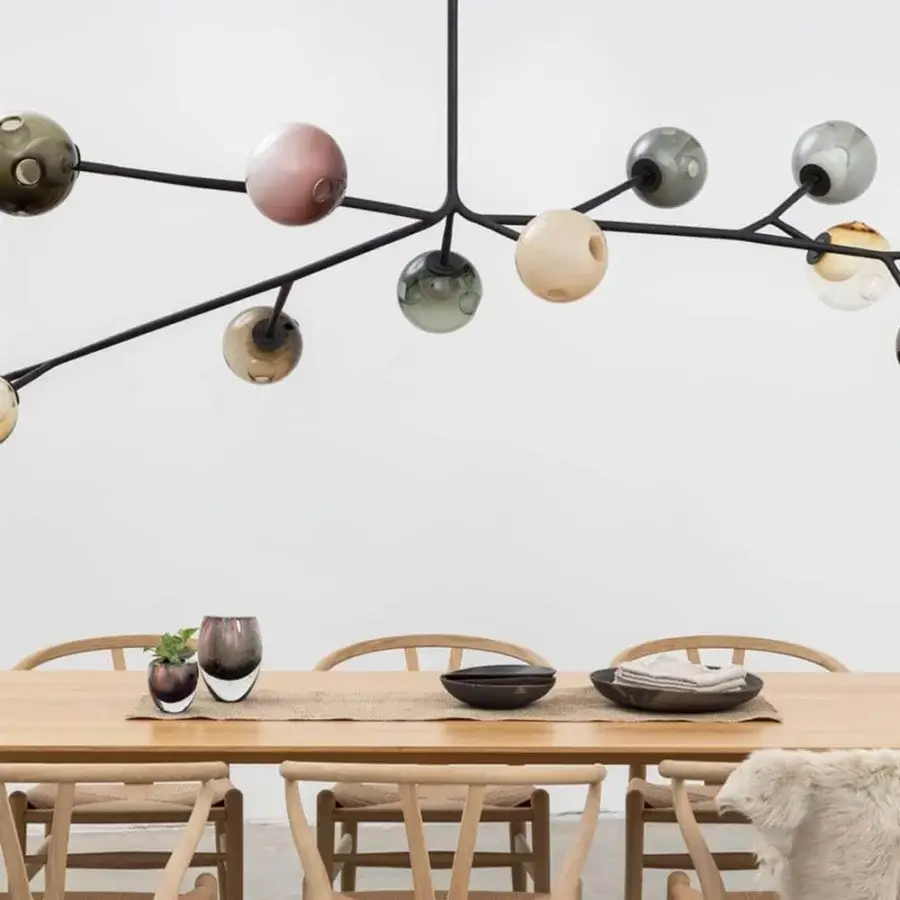 Superior Bocci 28 Armature ceiling lamp with hand-blown glass diffusers in olive green, rose, gray, cream and amber with a soft-touch matt black steel armature