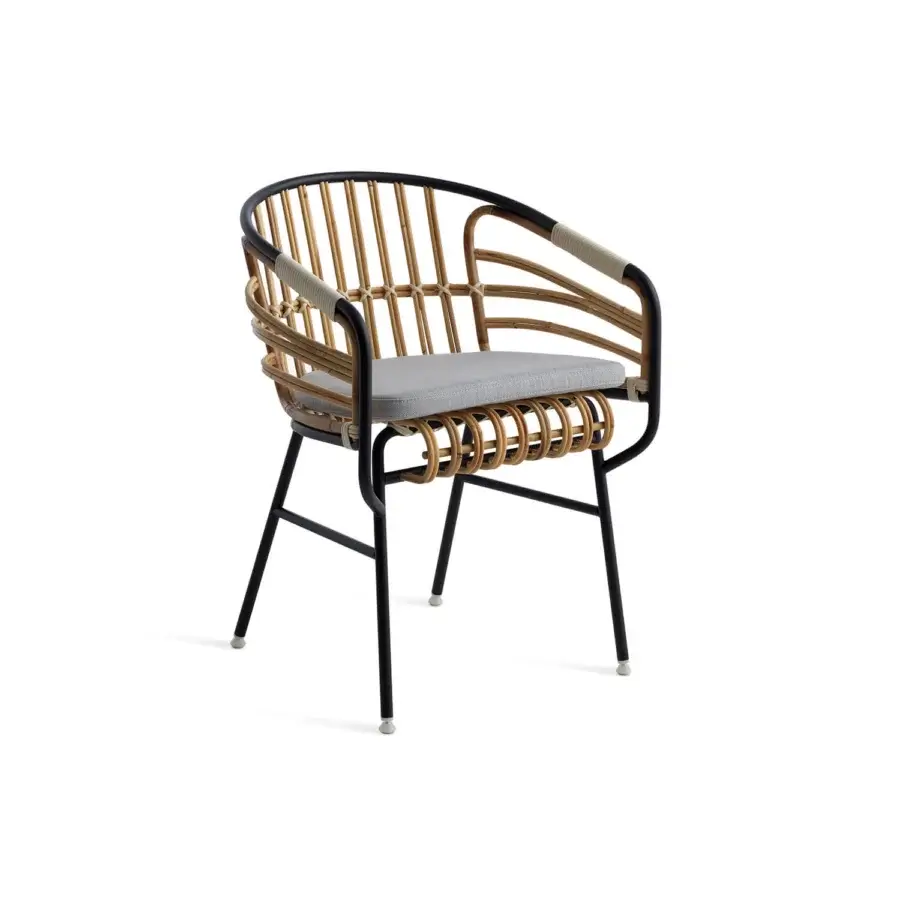 Exceptional Casamania Raphia armchair built in woven rattan with a matte black metal frame and gray textile cushion