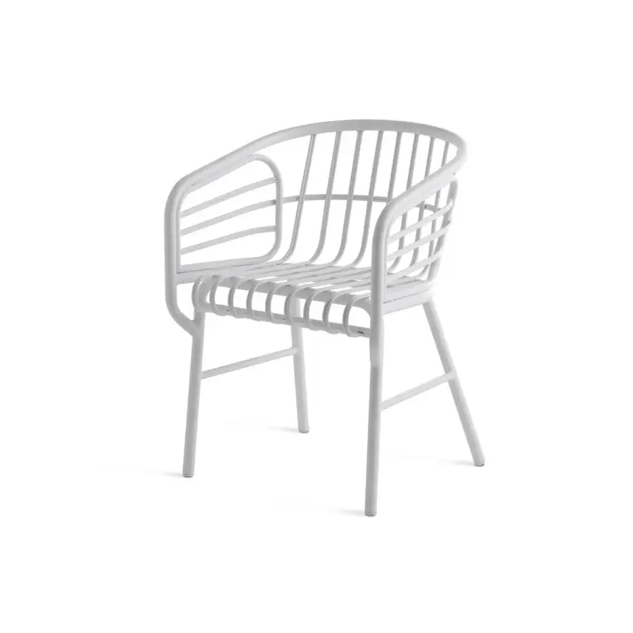 Innovative Casamania Raphia armchair in Italy with curved metal bars and matte white aluminum frame