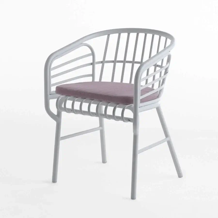 Distinguished Casamania Raphia armchair built with light gray matte aluminum, woven metal support and muted purple textile cushion