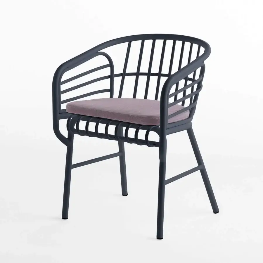 Exceptional Casamania Raphia armchair built with dark gray painted aluminum and light purple woven seat cushion with matte finish