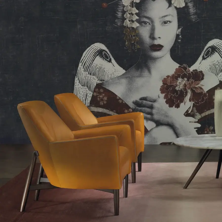 Distinguished Borzalino Eve Plus lounge chair upholstered in smooth mustard yellow textile with gros-grain piping and lacquered oak base