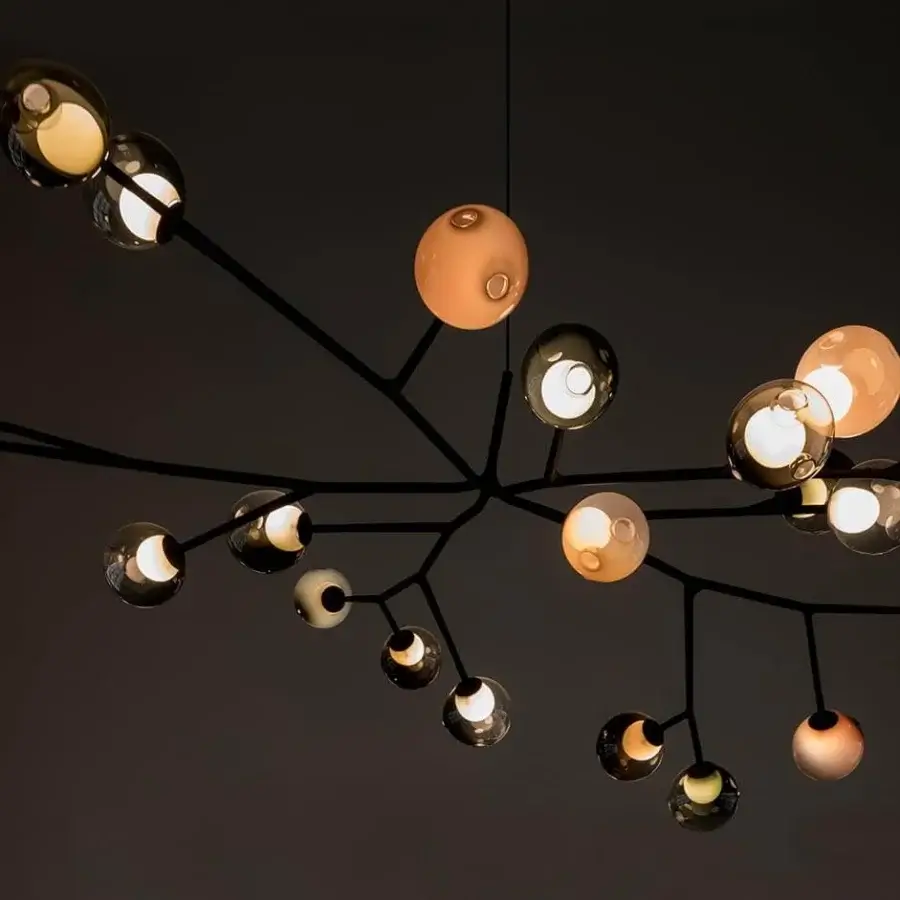 Exceptional Bocci 28 Armature ceiling lamp with hand-blown glass spheres in clear, smoky gray, warm orange, and light blue hues with a soft-touch matt black finish