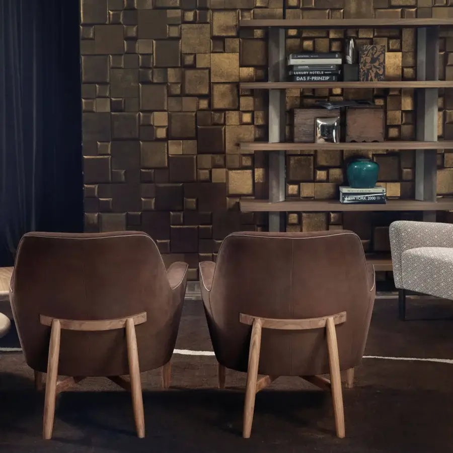 Superior Borzalino Eve Plus lounge chair with light brown textile and geometric patterned seat, built with lacquered oak base