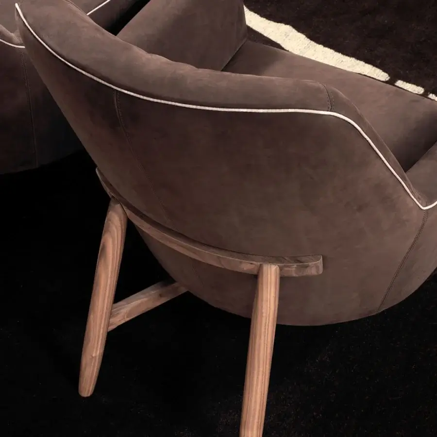 Distinctive Borzalino Eve Plus lounge chair with medium brown textile upholstery and lacquered oak base crafted with white trim