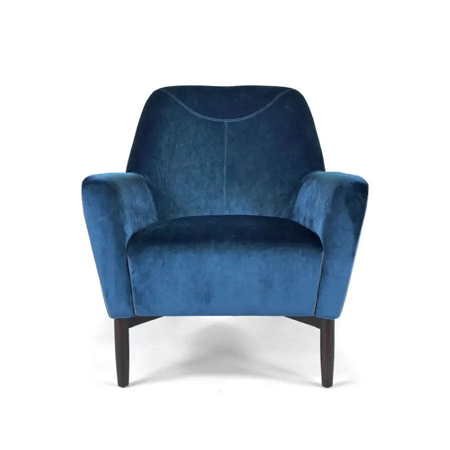 Refined Borzalino Eve Plus lounge chair with rich blue velvet upholstery and dark lacquered oak legs