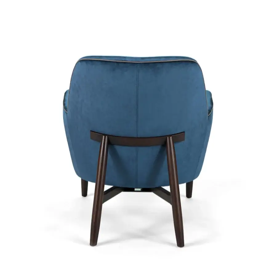 Exceptional Borzalino Eve Plus lounge chair in blue textile with velvety texture and dark brown lacquered oak base crafted with turned parts