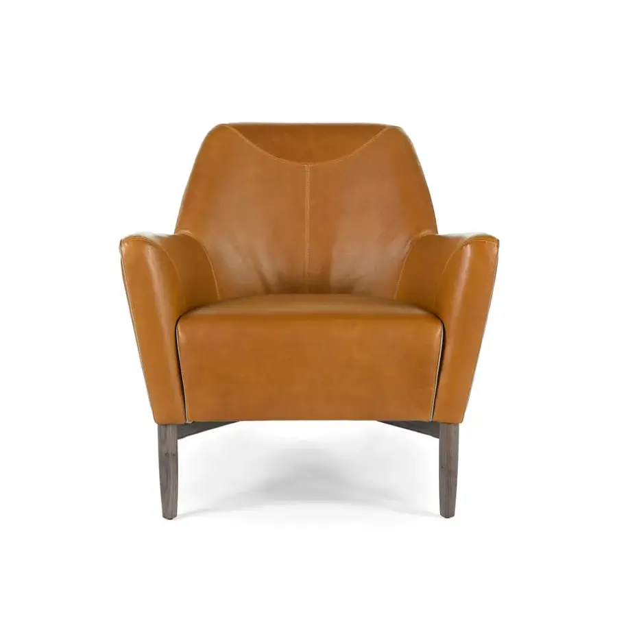 Superior Borzalino Eve Plus lounge chair with medium-brown leather upholstery and lacquered oak wood base crafted with poplar plywood