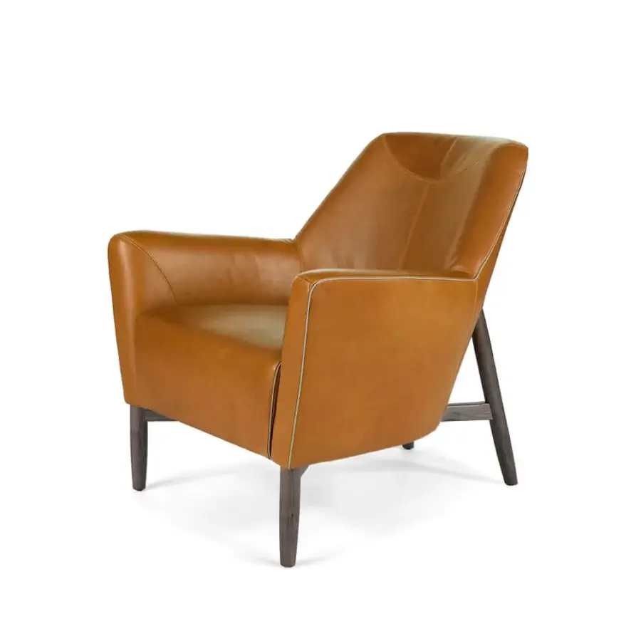 Distinguished Borzalino Eve Plus lounge chair with tan upholstery and lacquered oak base, outlined by gros-grain piping and subtle stitching
