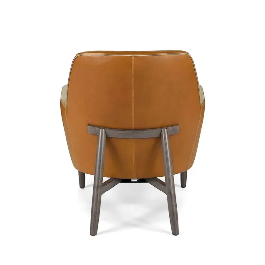 Lavish Borzalino Eve Plus lounge chair in caramel brown leather with a lacquered dark-toned oak base and meticulous gros-grain piping