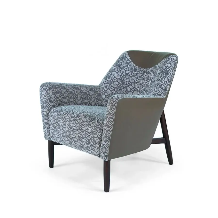 Exceptional Borzalino Eve Plus lounge chair upholstered in geometric gray and white patterned fabric with lacquered oak base crafted with gros-grain piping