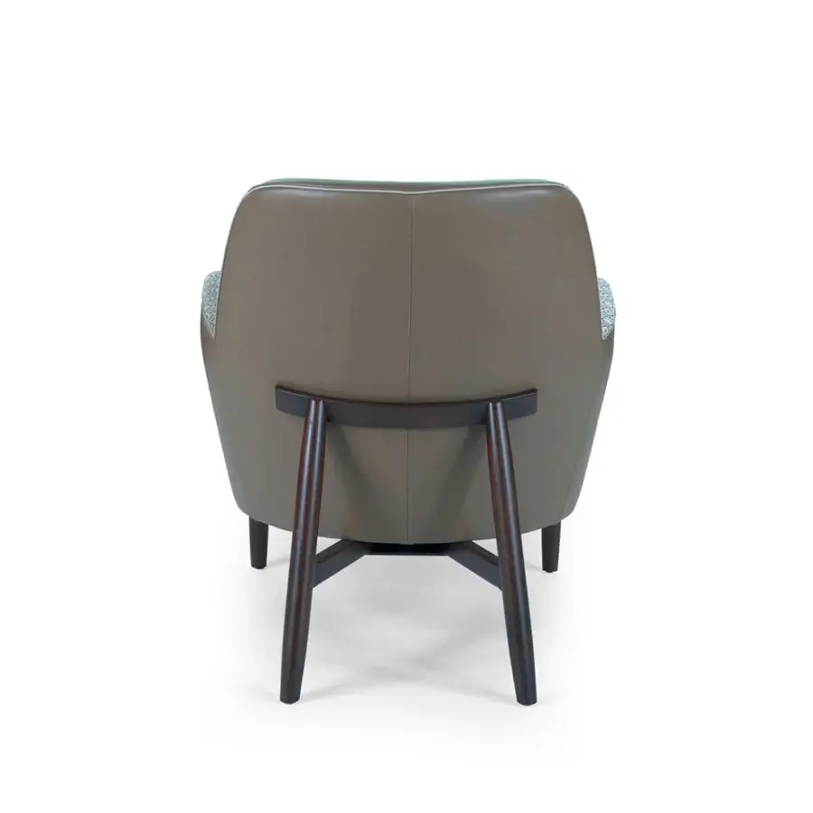 Distinguished Borzalino Eve Plus lounge chair with taupe fabric and light gray textile sides, built upon a lacquered oak base with gros-grain piping