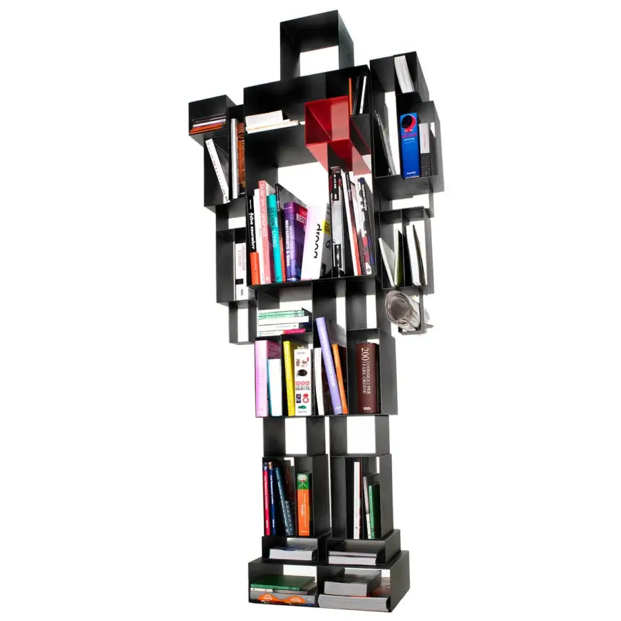 Exceptional Casamania Robox bookcase crafted in black-painted metal with stacked cubbies and a single red accent, matte finish