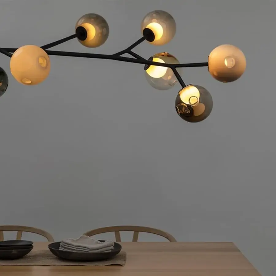Elegant Bocci 28 Armature ceiling lamp with translucent amber, clear and grey blown-glass spheres in a soft-touch matt black steel armature system