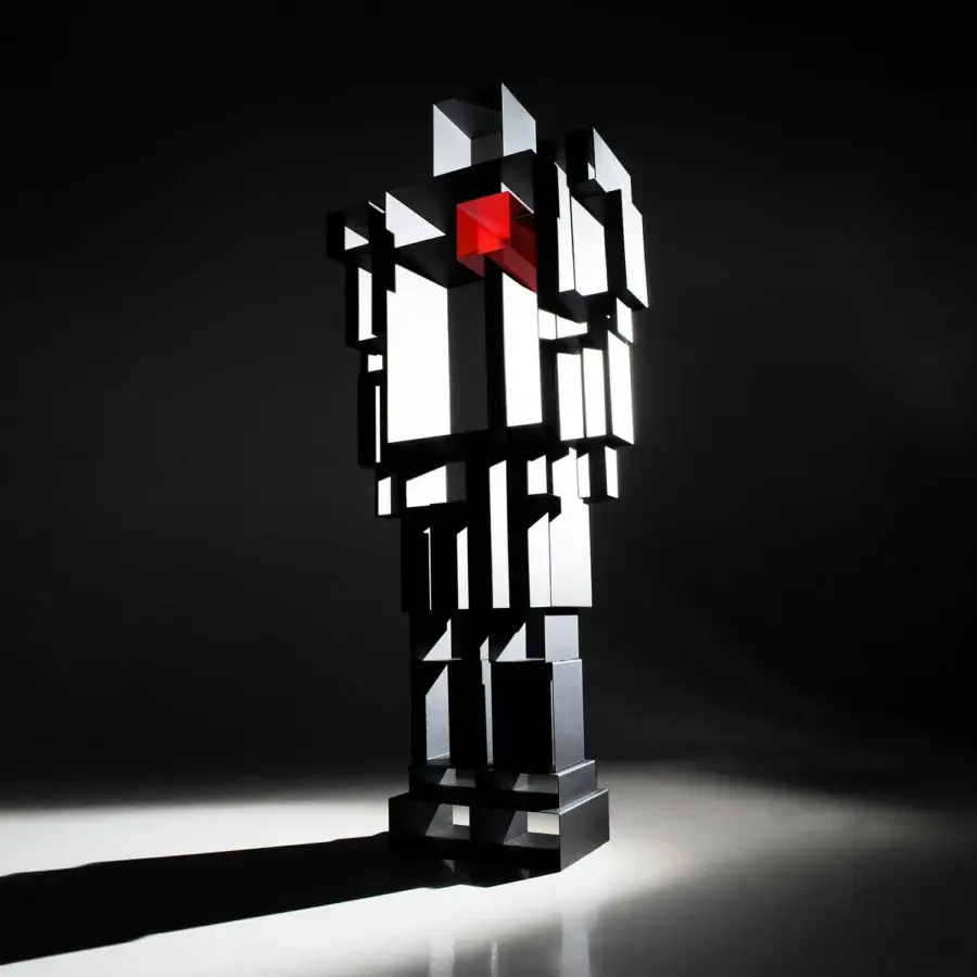 Exceptional Casamania Robox bookcase crafted in wood with matte dark gray or black finish and a single red block