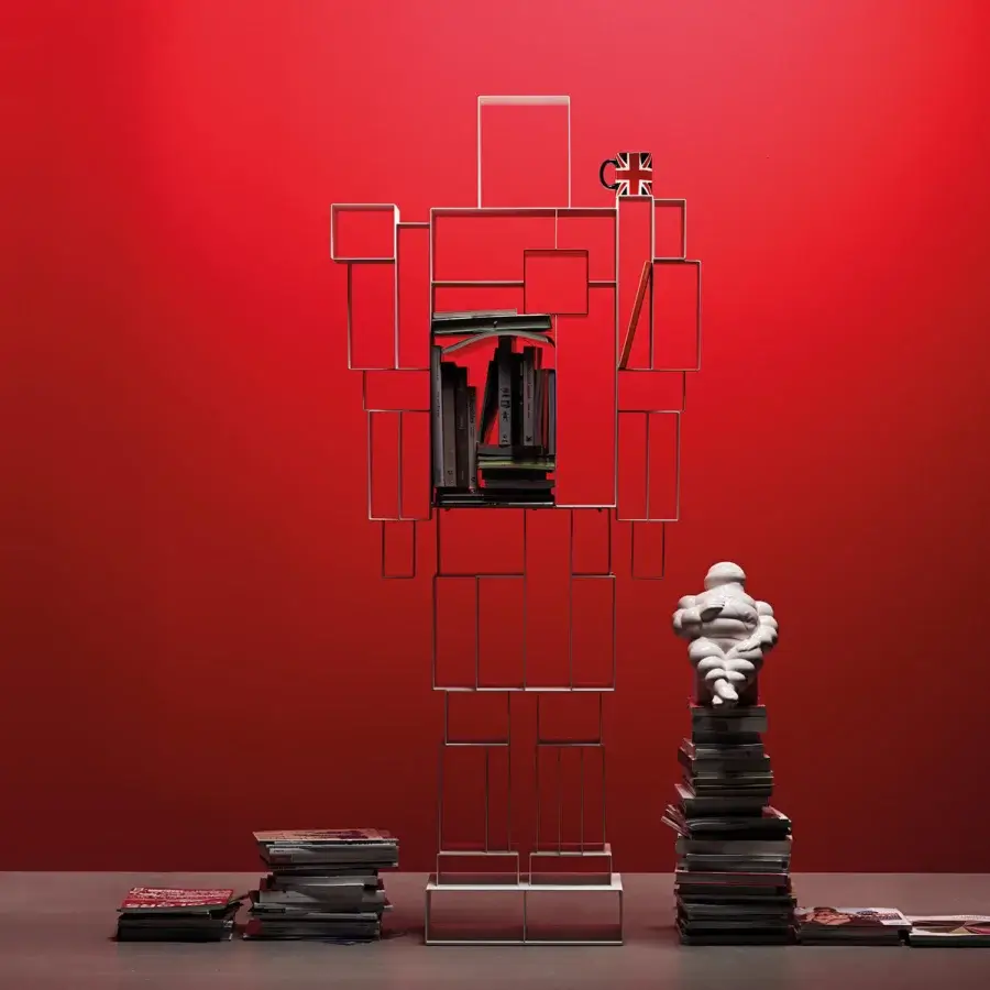 Distinctive Casamania Robox bookcase crafted in Italy with a robot-shaped form and reflective silver or chrome finish