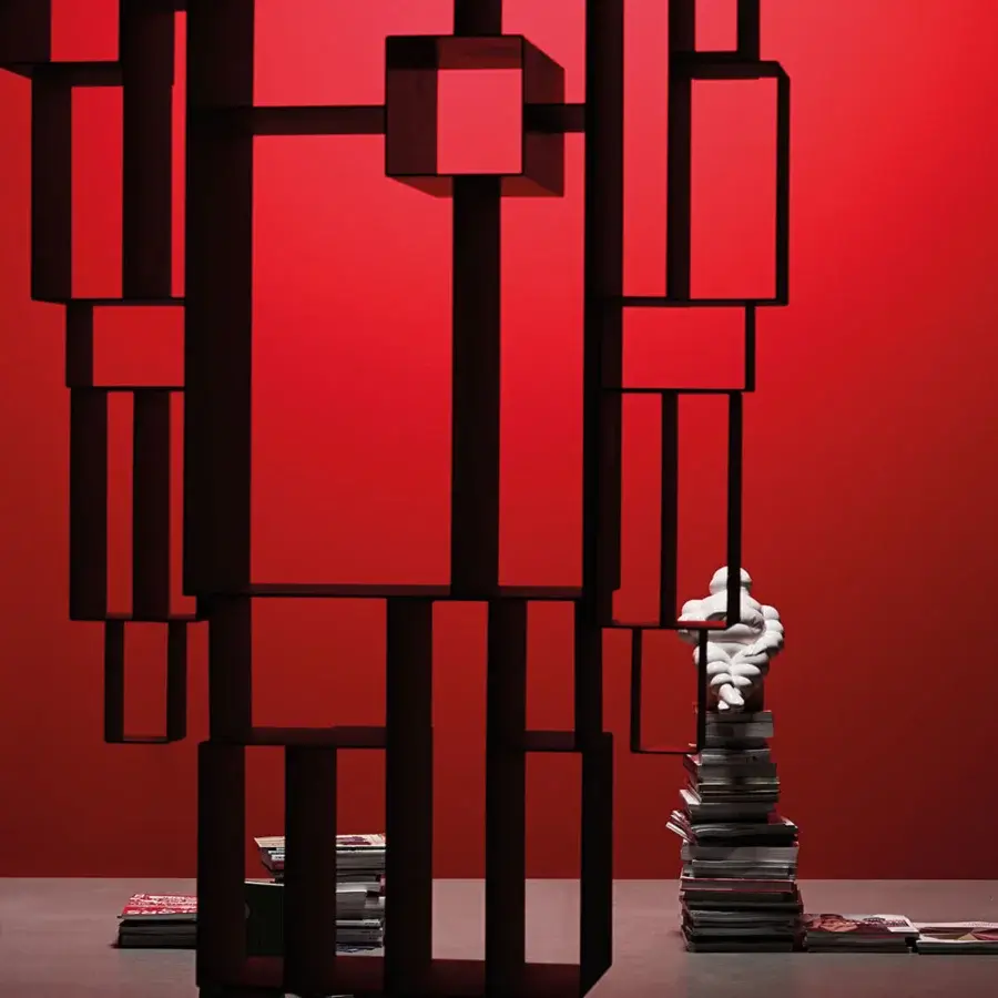 Exceptional Casamania Robox bookcase crafted in Italy with interconnected rectangular sections and a matte dark metal construction