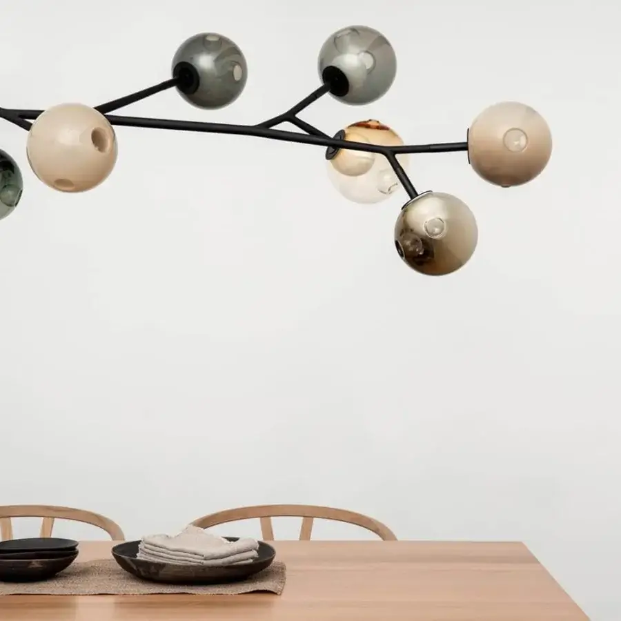 Distinguished Bocci 28 Armature ceiling lamp with hand-blown glass spheres in gray, beige and amber with a soft-touch matte black steel armature system